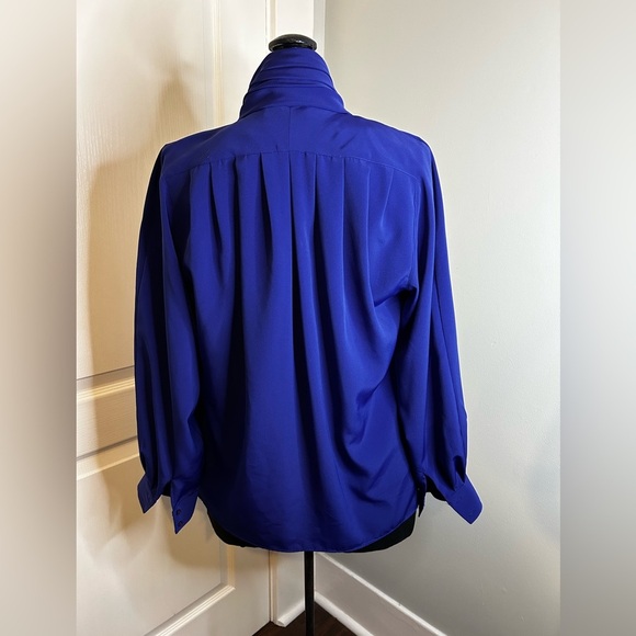 Woolf Bros Vintage 90s Light Academia  Cobalt Electric Blue High Neck Blouse M - Picture 3 of 7